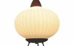 Massive tripod table lamp brass legs wood base ribbed white opal glass lampshade 1950s 1960s Belgium
