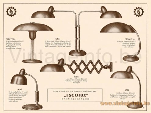 Max Schumacher desk lamp 1930s Schröder & Co catalogue picture model 1757 /1Lp. + desk/work lamp models 1659 1785 1777 1756 "arbeidsleuchten"