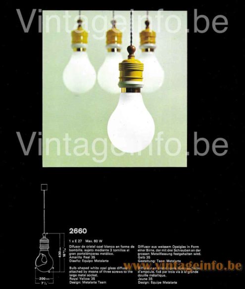 Metalarte bulb pendant lamp 1973 catalogue picture model: 2660 Design: Equipe Metalarte