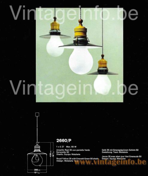 Metalarte bulb pendant lamp 1973 catalogue picture model: 2660/P Design: Equipe Metalarte
