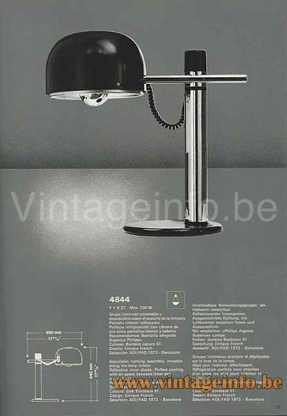 Metalarte maroon desk lamp 1973 catalogue picture model 4844