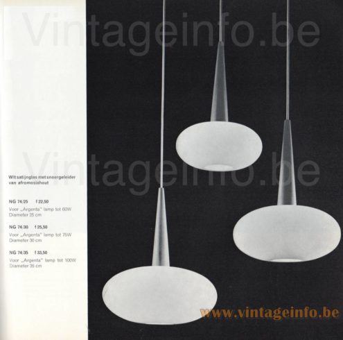 Oval globe pendant lamp 1966 Philips catalogue picture model NG 74 in 3 sizes smooth opal glass surface conical afromosia wood top
