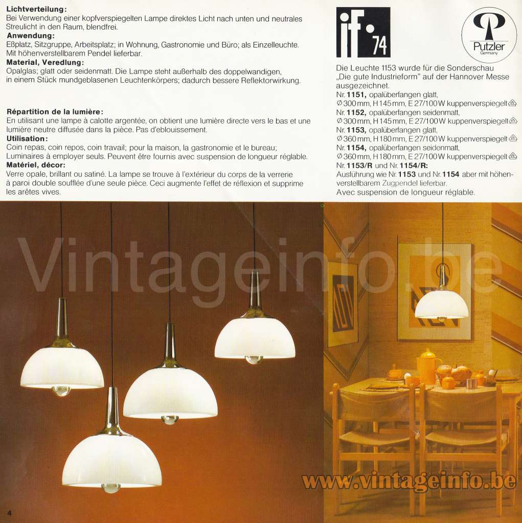 Peill+Putzler AH 140 Pendant Lamp - 1974 Catalogue Picture Models: 1151, 1152,,1153, 1154