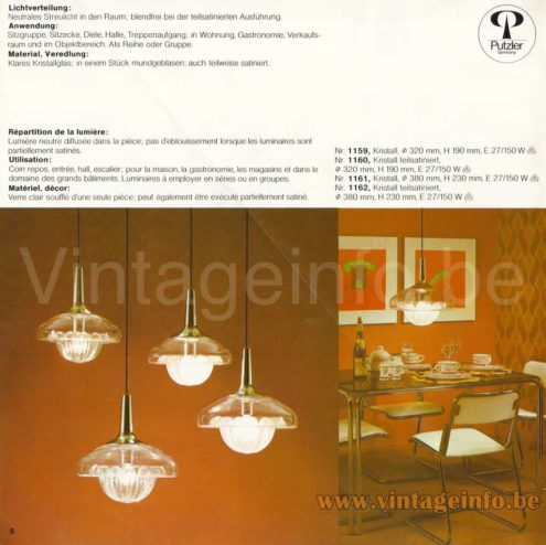 Peill+Putzler AH 140 Pendant Lamp - 1974 Catalogue Picture Models: 1159, 1160, 1161, 1162