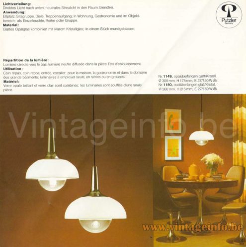 Peill+Putzler AH 140 Pendant Lamp - 1974 Catalogue Picture, Models: 1149, 1150
