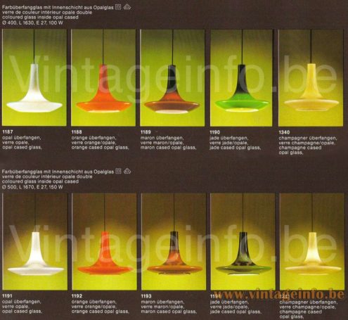 Peill + Putzler AH12 pendant lamp 1978-79 catalogue picture available colours