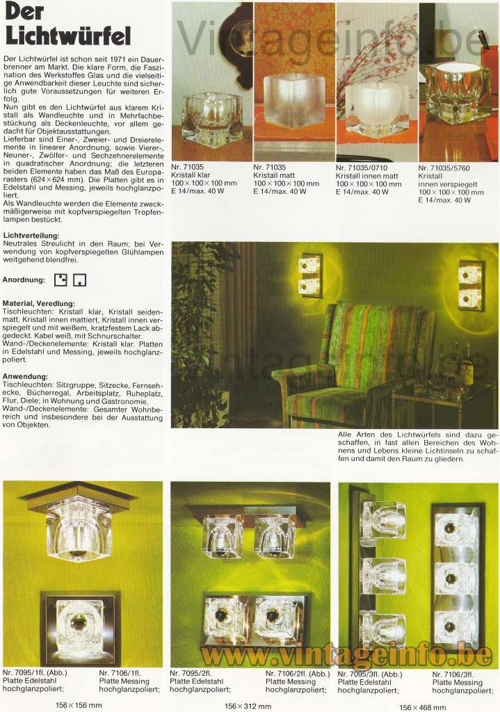 Peill + Putzler Frosted Ice Cube Table Lamp 1976-1977 catalogue picture models: 71035 & wall lamps 7095 + 7106 metal plate - Lichtwürfel