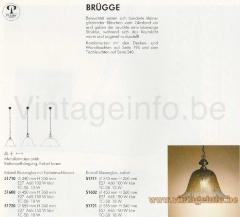 Peill + Putzler Brügge pendant lamp 1980s catalogue picture models: 51710, 51300, 51720, 51711, 51602, 51721