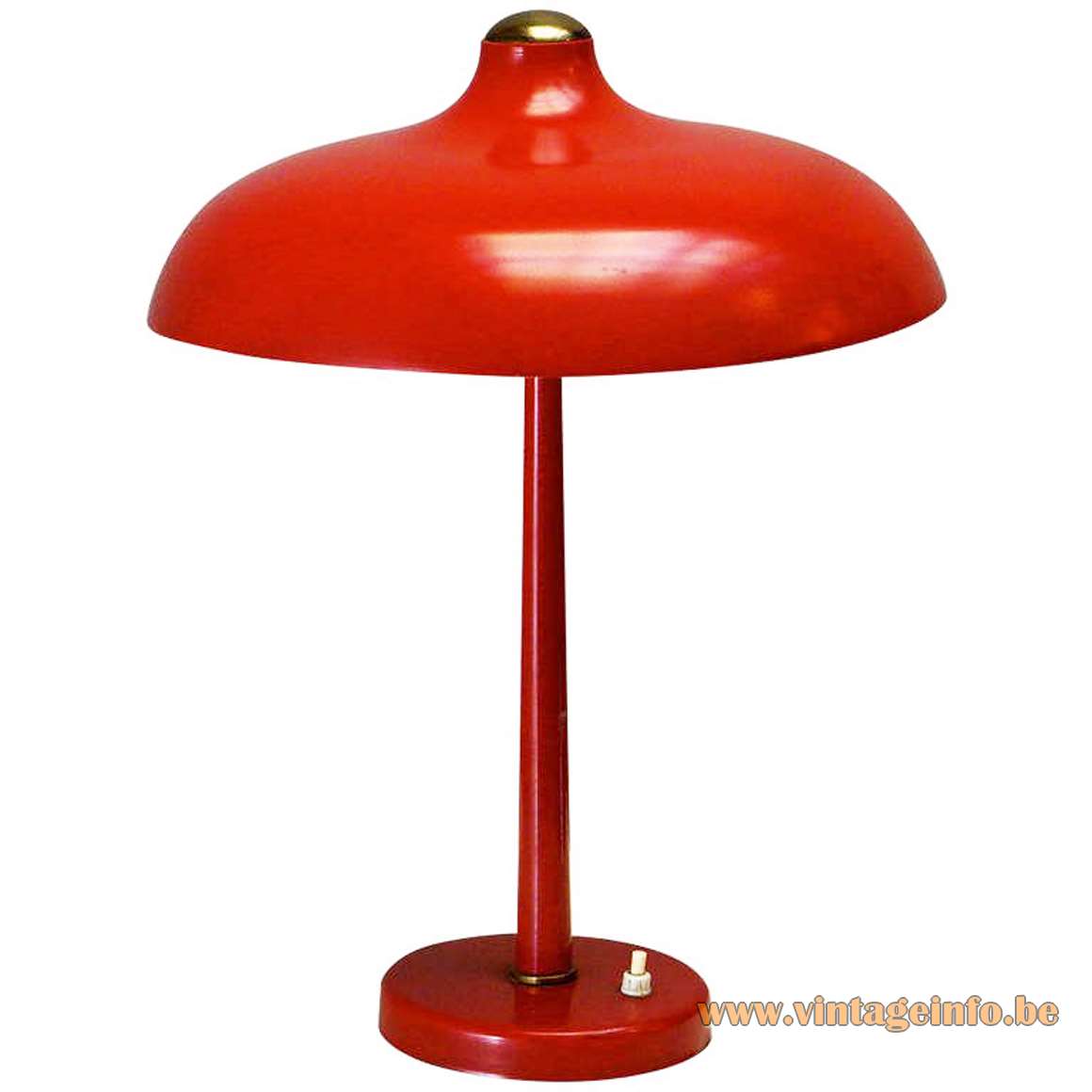 Red mushroom desk lamp round metal base conical rod aluminium lampshade 1950s 1960s Massive Belgium
