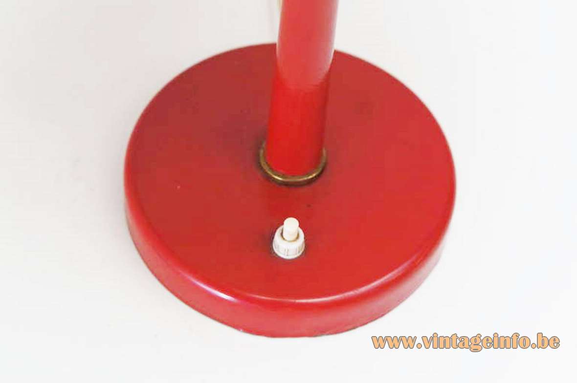 Red mushroom desk lamp round metal base conical rod aluminium lampshade 1950s 1960s Massive Belgium base