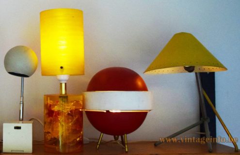 Saturn tripod table lamp 1960s Angelo Brotto design other lamps: Lytegem desk lamp, Shatterline table lamp, Hala Pinocchio table lamp