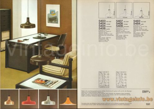 Staff aluminium pendant lamp 5405 1977 catalogue picture other models: 5403, 5404, 5406, 5407, 5408, 5409, 5483 & 5484