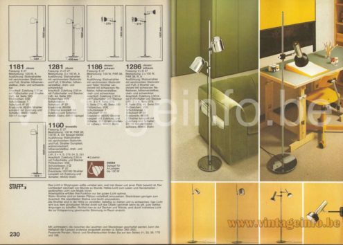 Staff floor lamp 1181 1977 catalogue picture models: 1181, 1281, 1186, 1286, 1160 design: Arnold Berges