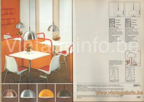 Staff pendant lamp 5071 1977 catalogue picture models: 5075, 5076, 5071, 5073, 5177, 5178, 5174 & 5175 big & small