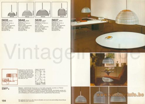 Staff Saturno Pendant Lamp – 1977-78 Staff Catalogue Picture – 1970 Design: Kazuo Motozawa Staff Saturno pendant lamp 1977-78 catalogue picture 1970 design: Kazuo Motozawa models: 5635 5648 5639 5637 + table lamp
