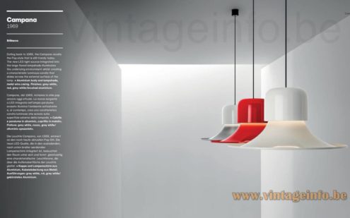 Stilnovo Campana pendant lamp 2021 catalogue picture reissue versions in white and red no Joe Colombo design