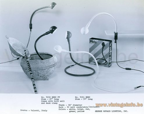 Valenti Hebi table lamps 1979 George Kovacs catalogue picture in black & white with several models and boxes in a "snake Cobra" configuration