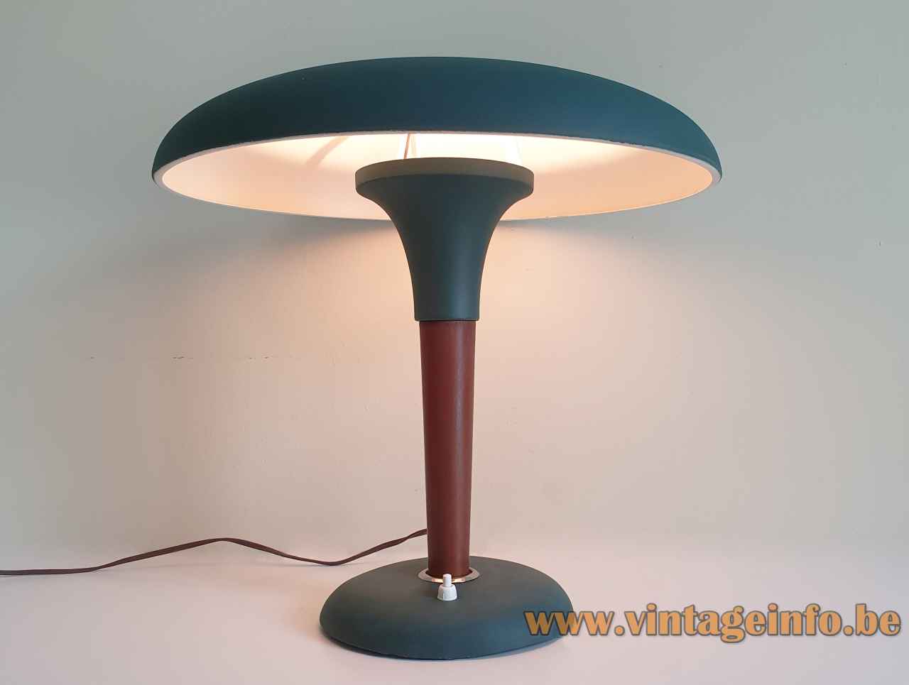 1950s Ruton table lamp round base conical wood rod mushroom lampshade 1960s Thabur Netherlands E27 socket