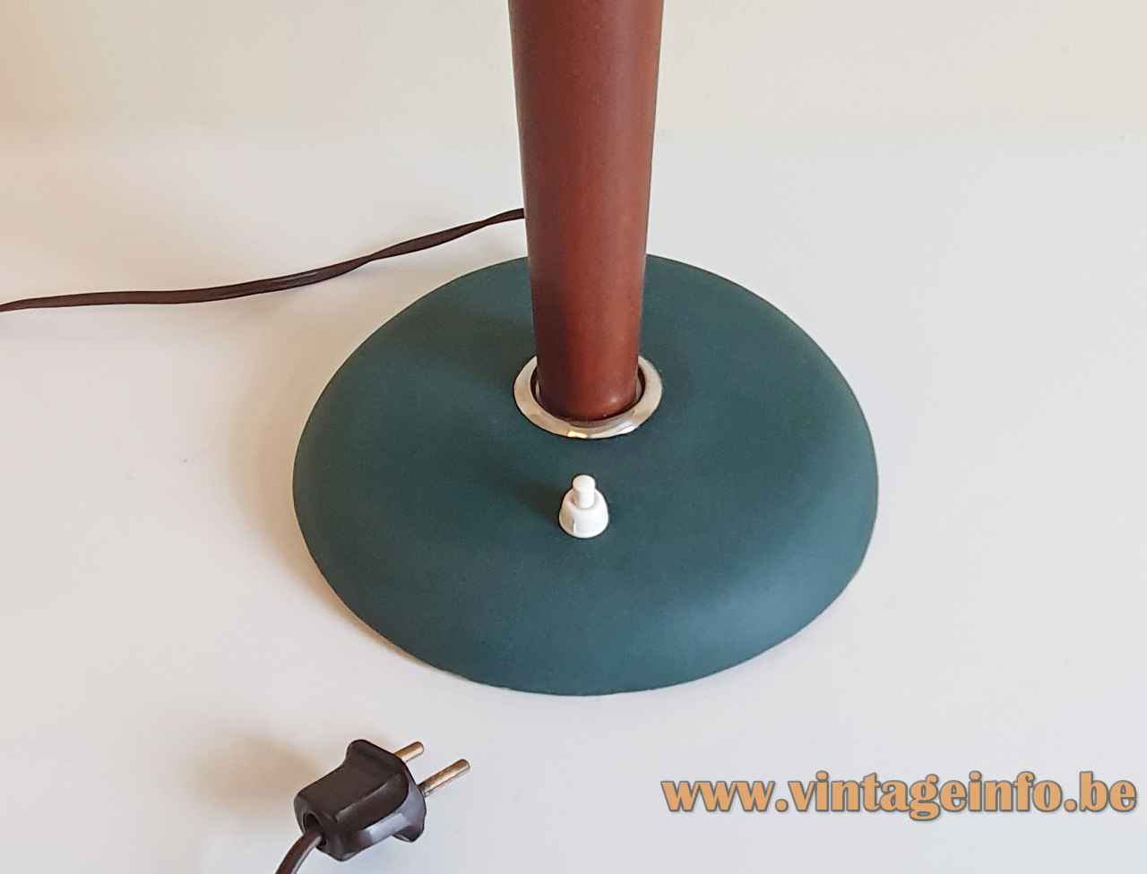1950s Ruton table lamp blue green round base conical wood rod Bakelite plug 1960s Thabur Netherlands 