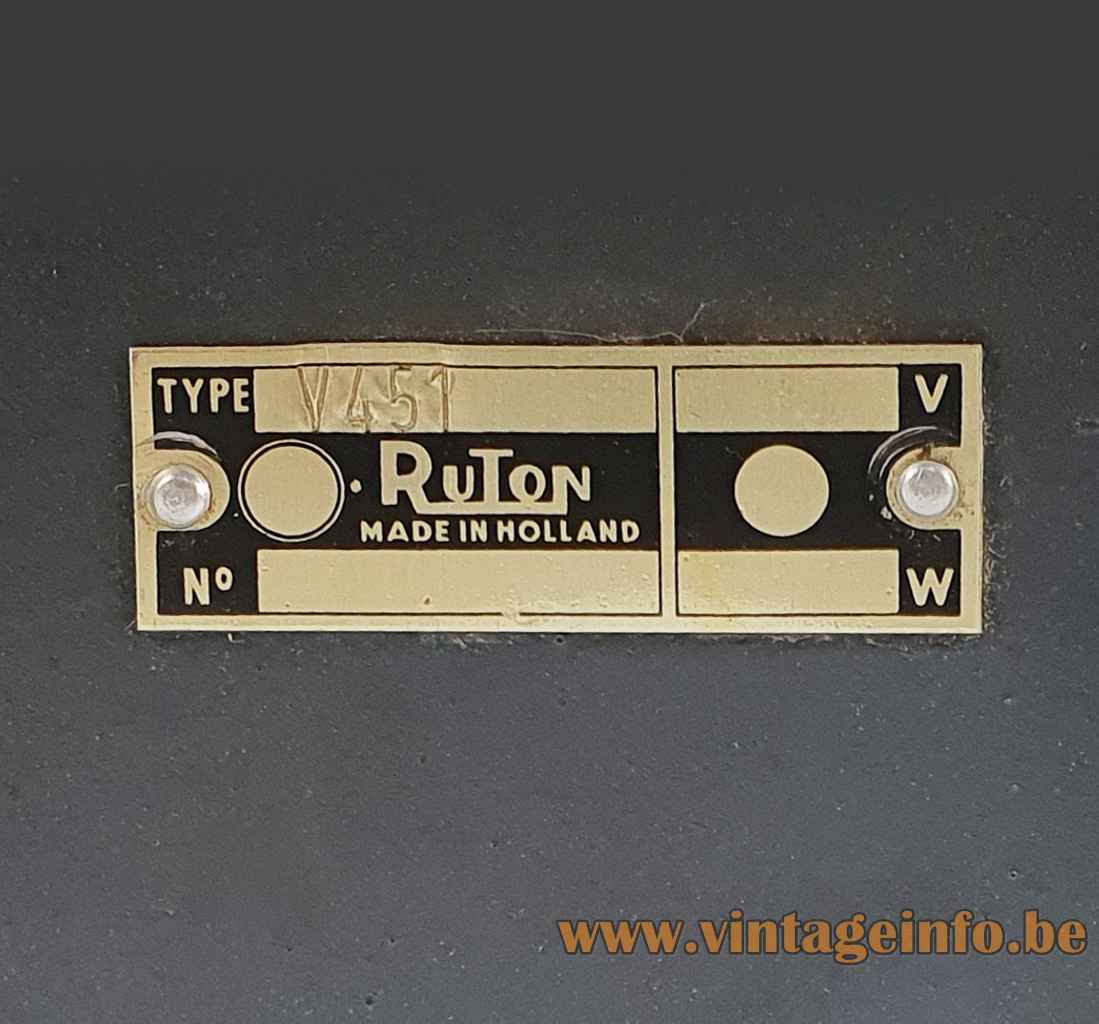 1950s Ruton table lamp rectangular metal label logo 1960s Thabur Netherlands 