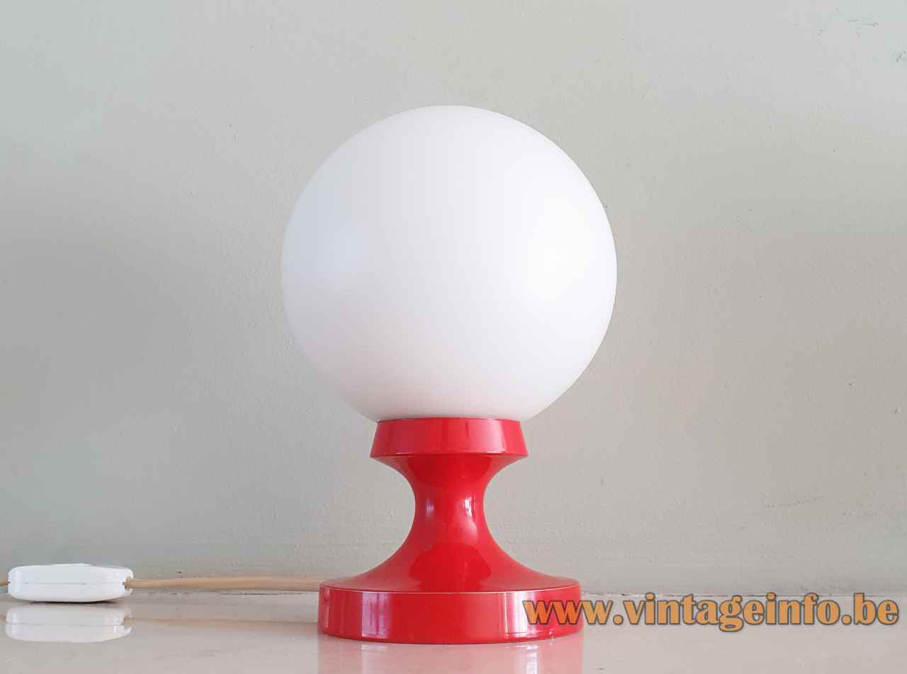 1960s Teka table lamp round red aluminium base opal glass globe lampshade 1970s Theodor Krägeloh Germany