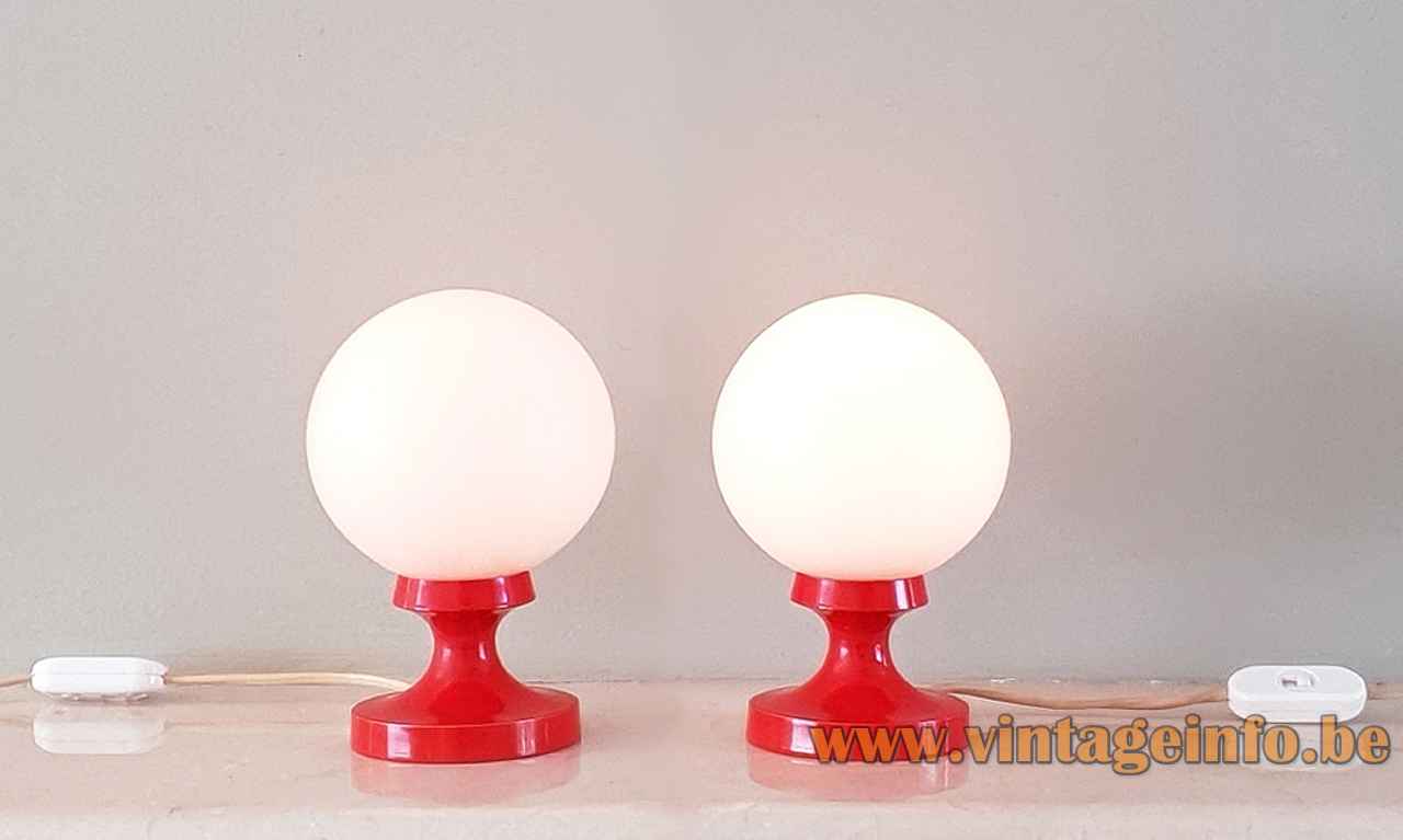  1960s Teka table lamp round red aluminium base opal glass globe lampshade 1970s Germany pair