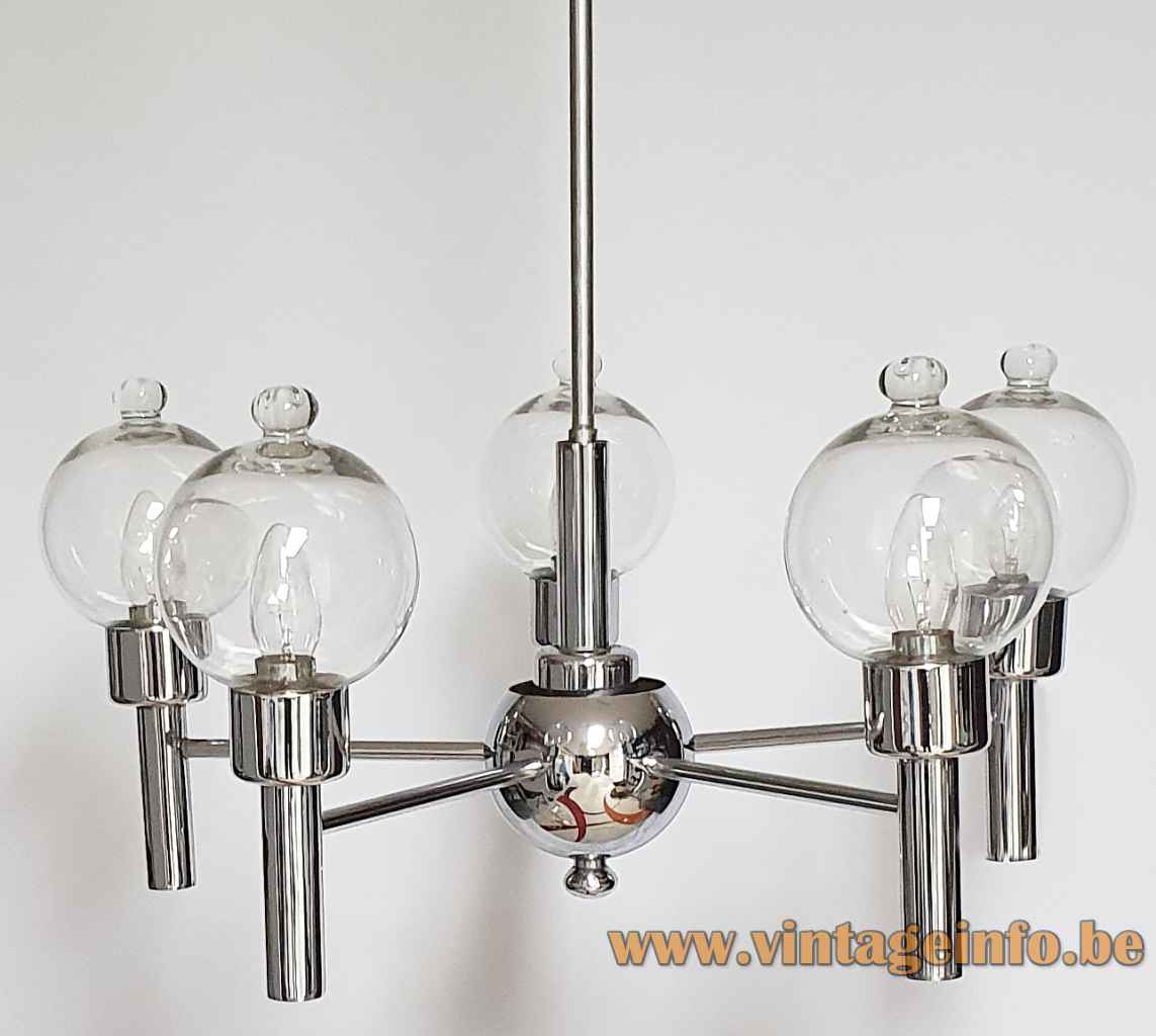 1970s Florentine droplet chandelier chrome rods & globe 5 glass lampshades Targetti Sankey 1960s Italy E14 sockets