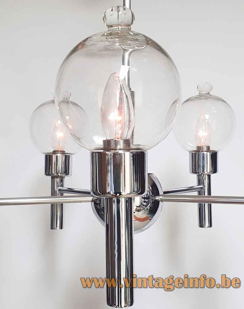 1970s Florentine droplet chandelier chrome rods & globe 5 glass lampshades Targetti Sankey 1960s Italy E14 sockets