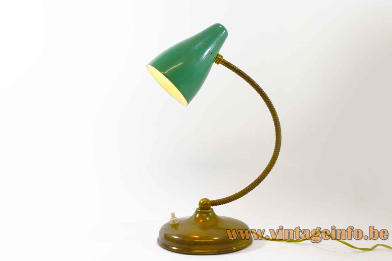 1950s Italian desk lamp round brass base & gooseneck green conical preforated lampshade E14 socket 1960s
