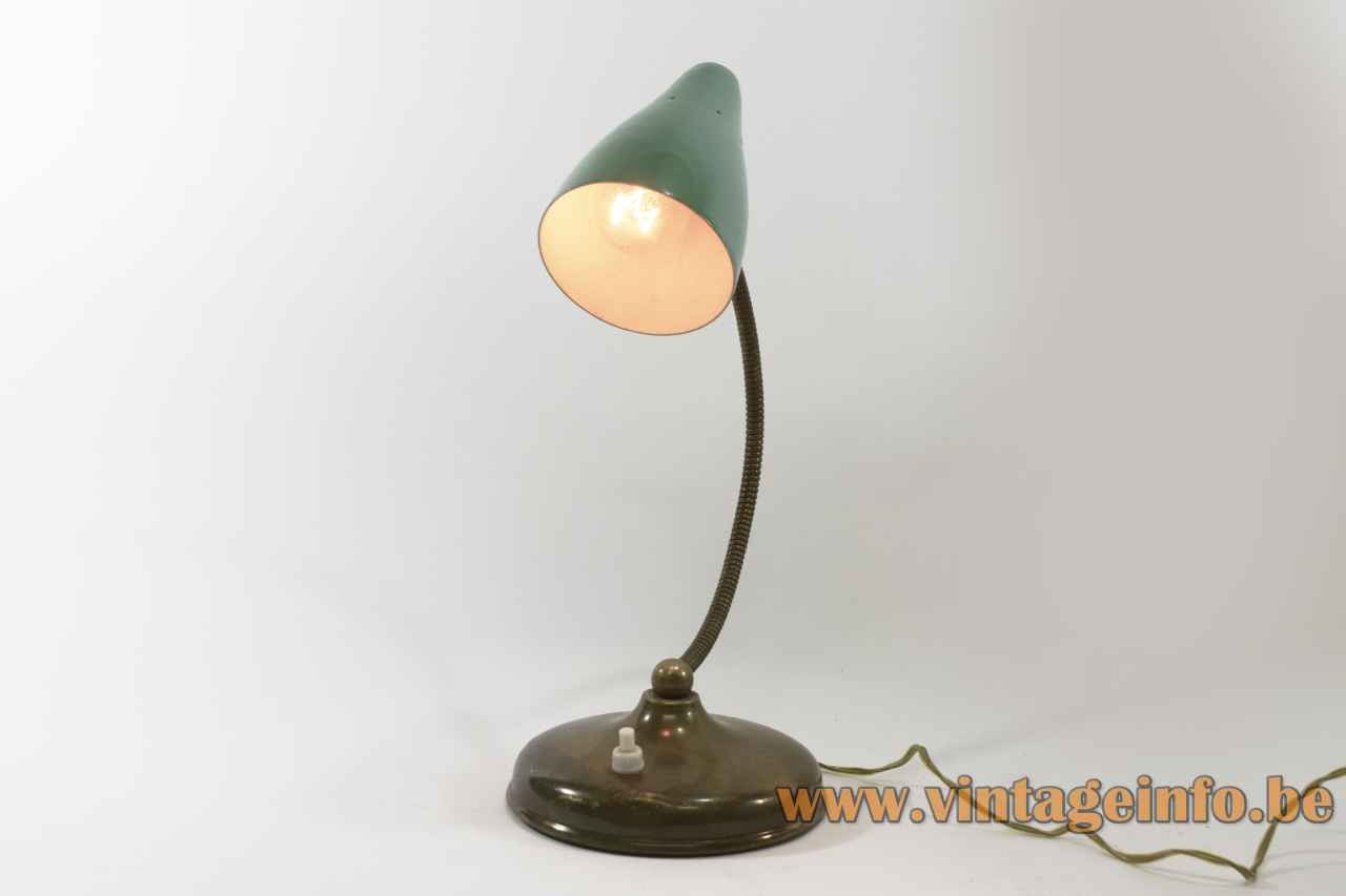 1950s Italian desk lamp round brass base & gooseneck green conical preforated lampshade E14 socket 1960s front view