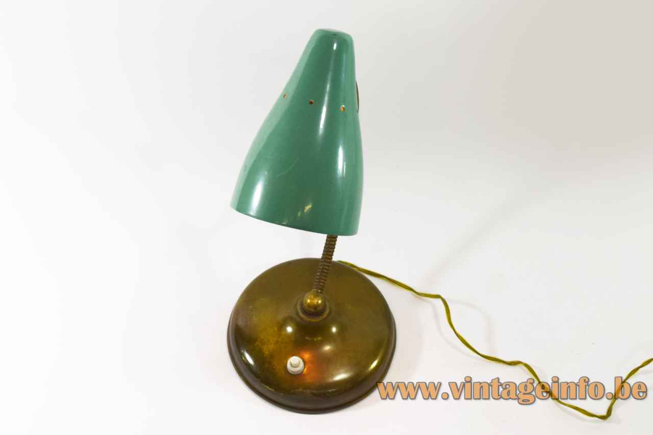 1950s Italian desk lamp round brass base & gooseneck green conical preforated lampshade E14 socket 1960s top view