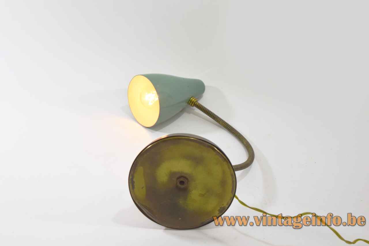 1950s Italian desk lamp round brass base & gooseneck green conical preforated lampshade E14 socket 1960s bottom view