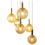 Crackle glass globes chandelier 6 amber cascading pendant lamps brass tubes 1970s Wortmann WOFI Leuchten Germany