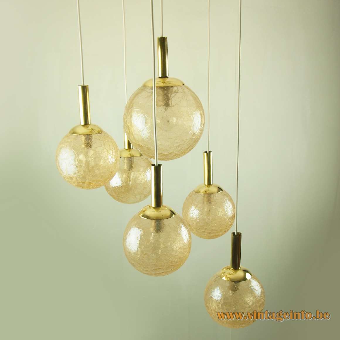 Crackle glass globes chandelier 6 amber cascading pendant lamps brass tubes 1970s Wortmann WOFI Leuchten Germany