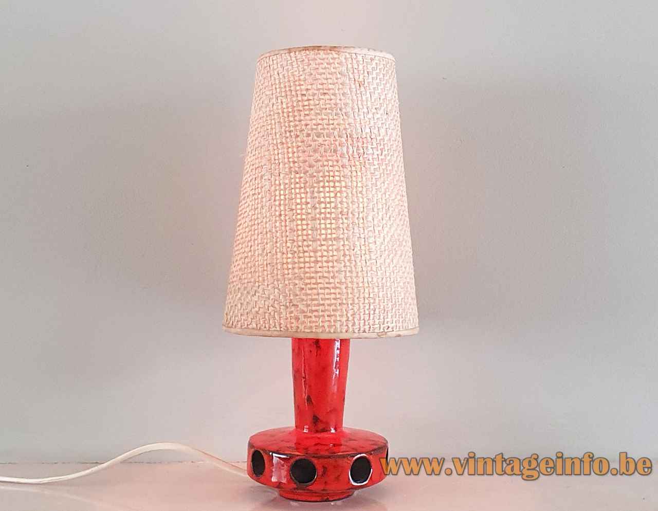 German red ceramics table lamp round base holes conical fabric lampshade 1960s 1970s Germany Gerhards style