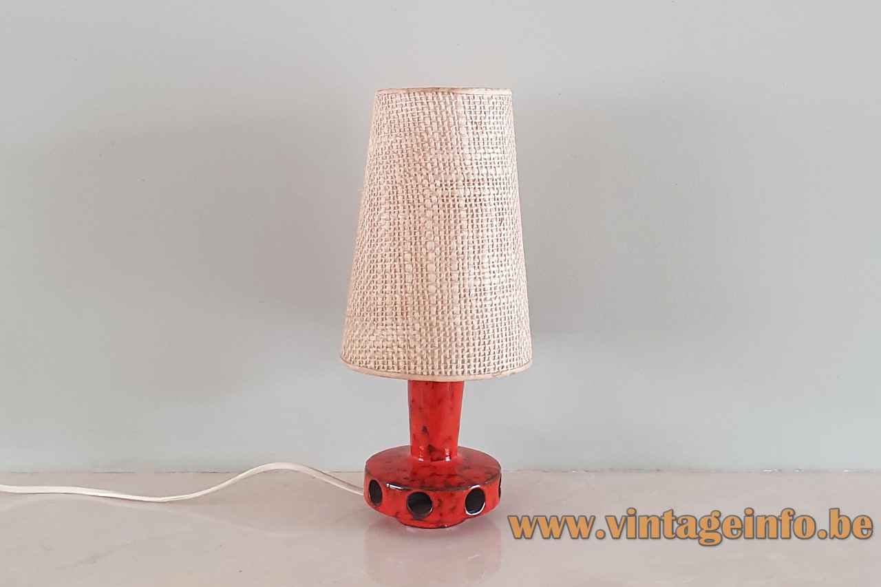 German red ceramics table lamp round base holes conical fabric lampshade 1960s 1970s Germany Gerhards style