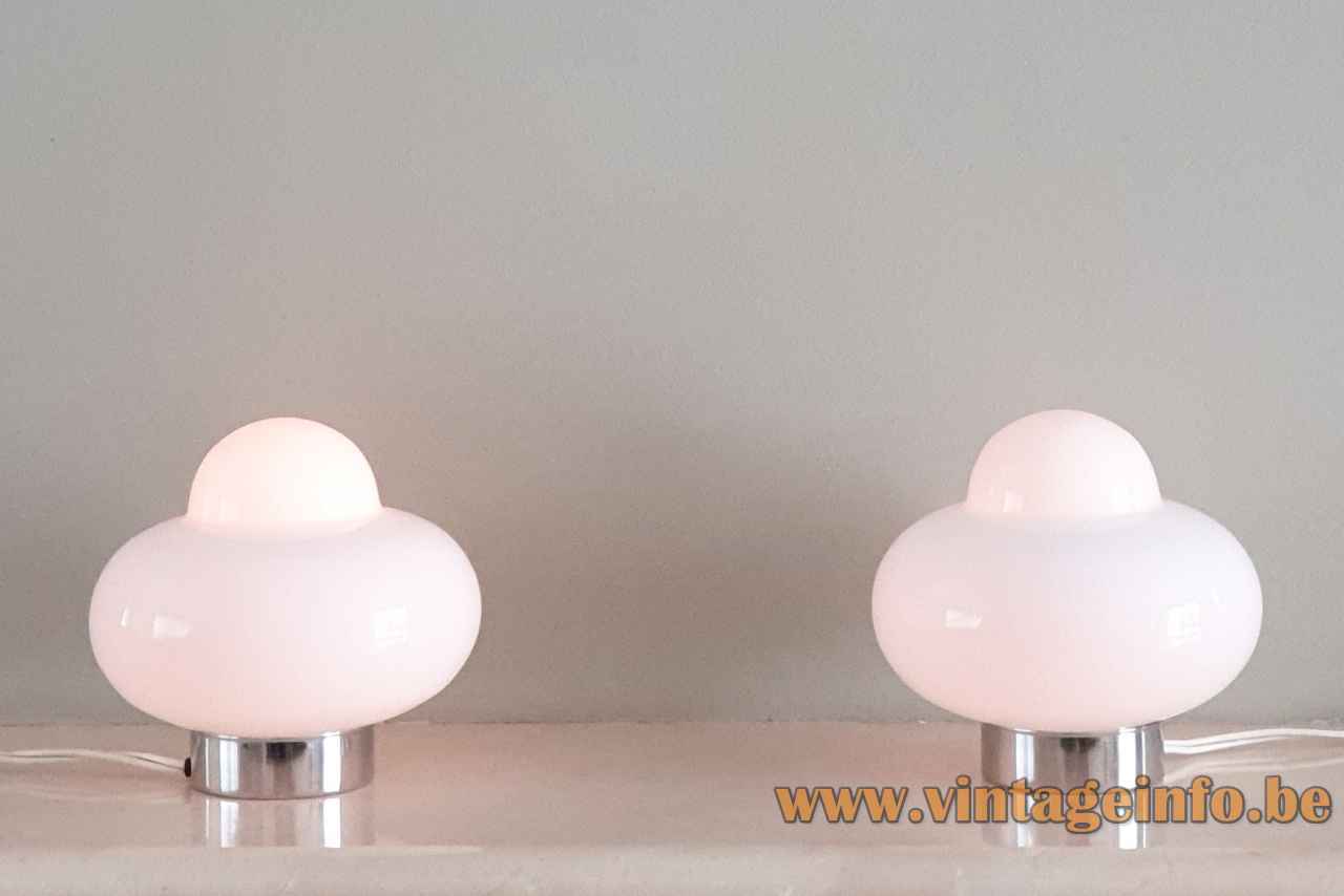 Massive Electra style table lamp round chrome base white opal glass lampshade 1970s 1980s Belgium pair