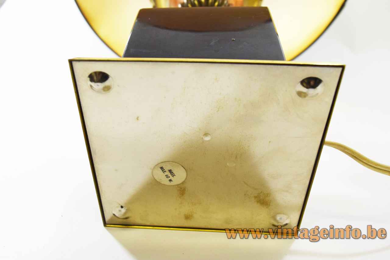 Massive urn table lamp square metal base brass vase round black lampshade 1970s Belgium bottom label