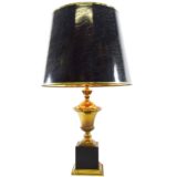 Massive urn table lamp square metal base brass vase round black lampshade 1970s Belgium