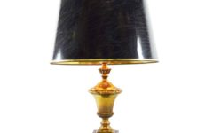 Massive urn table lamp square metal base brass vase round black lampshade 1970s Belgium