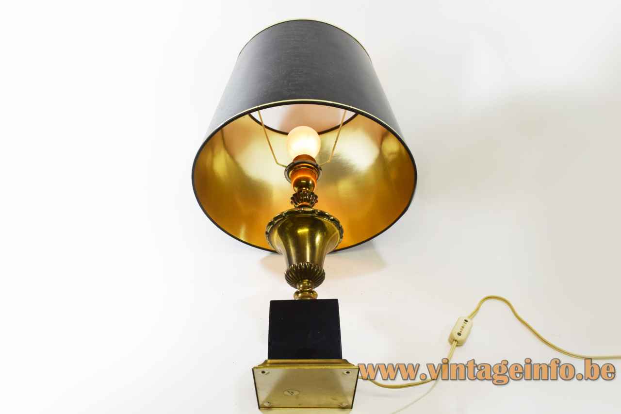 Massive urn table lamp square metal base brass vase round black lampshade 1970s Belgium