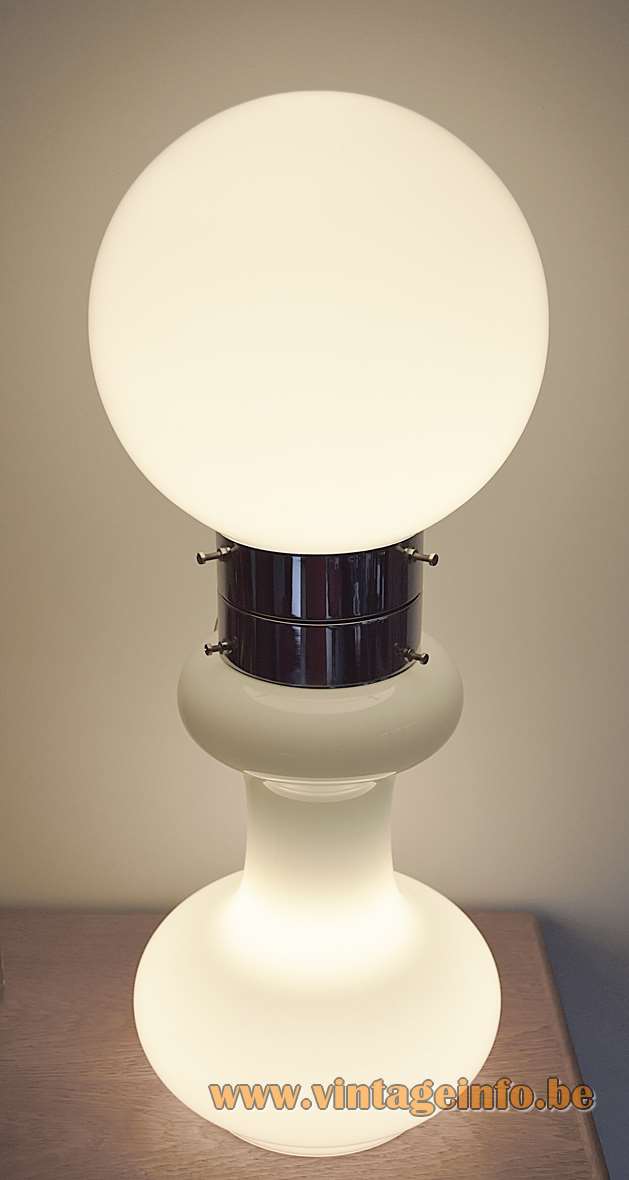  White cone table lamp opal glass base chrome rings globe lampshade 1970s Mazzega Carlo Nason Massive Belgium
