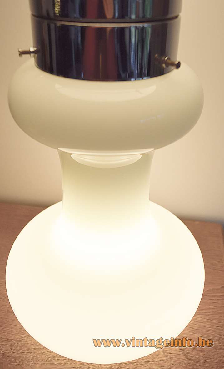 White cone table lamp opal glass base chrome rings globe lampshade 1970s Mazzega Carlo Nason Massive Belgium