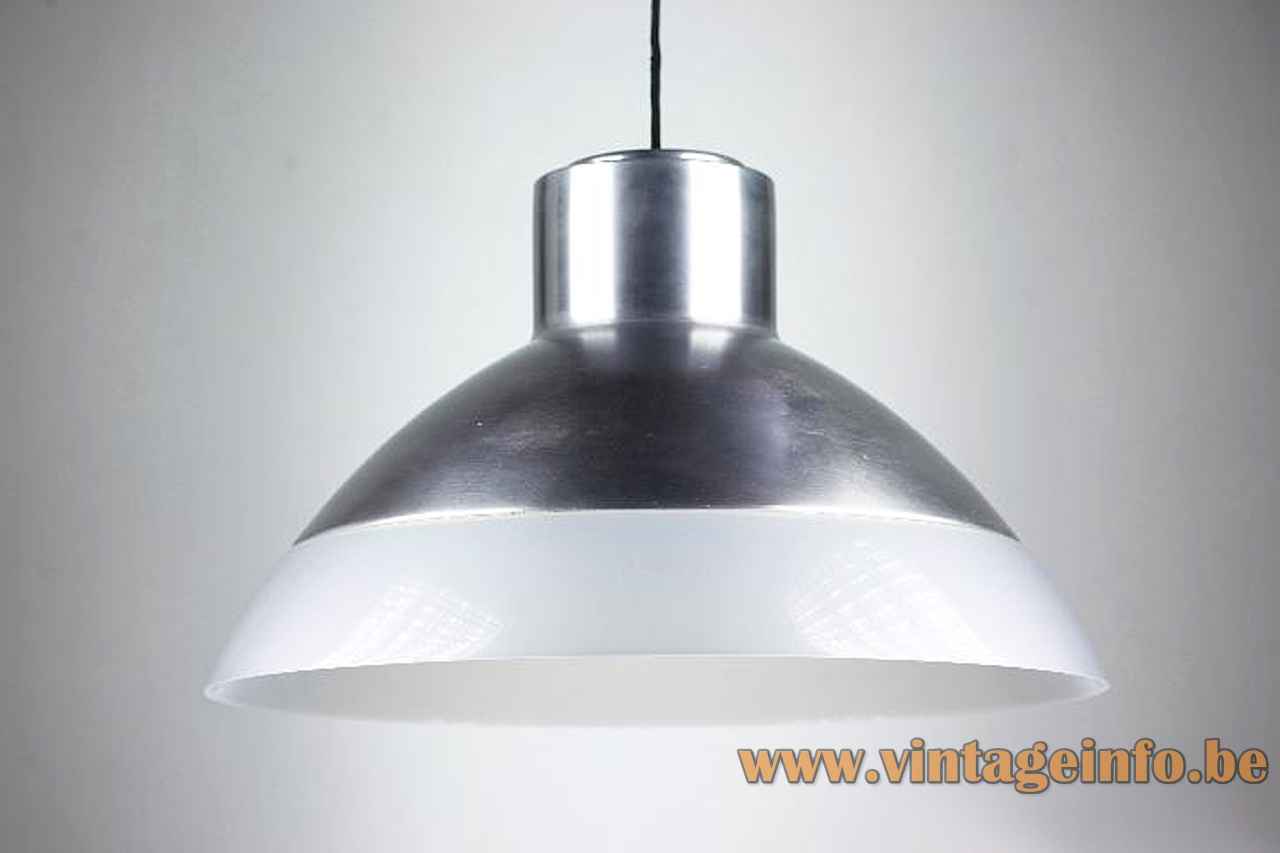 1970s Metalarte pendant lamp round big industrial metal & white acrylic lampshade Spain