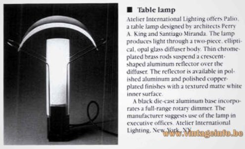 Arteluce Palio Table Lamp - 1987 Atelier International Lighting New York Advertisement