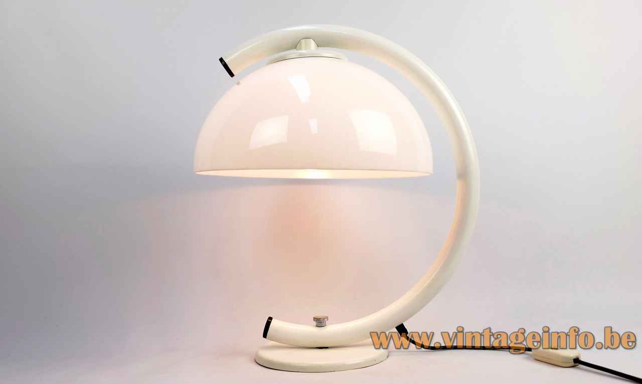 Gepo arc table lamp round white metal base thick curved rod acrylic mushroom lampshade 1970s 1980s 