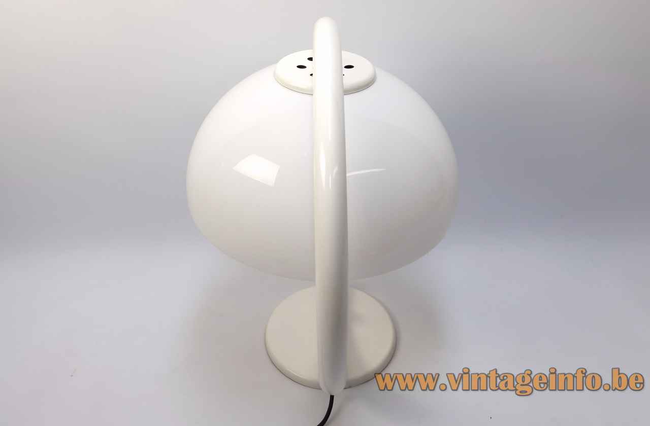 Gepo arc table lamp round white metal base thick curved rod acrylic mushroom lampshade 1970s 1980s 