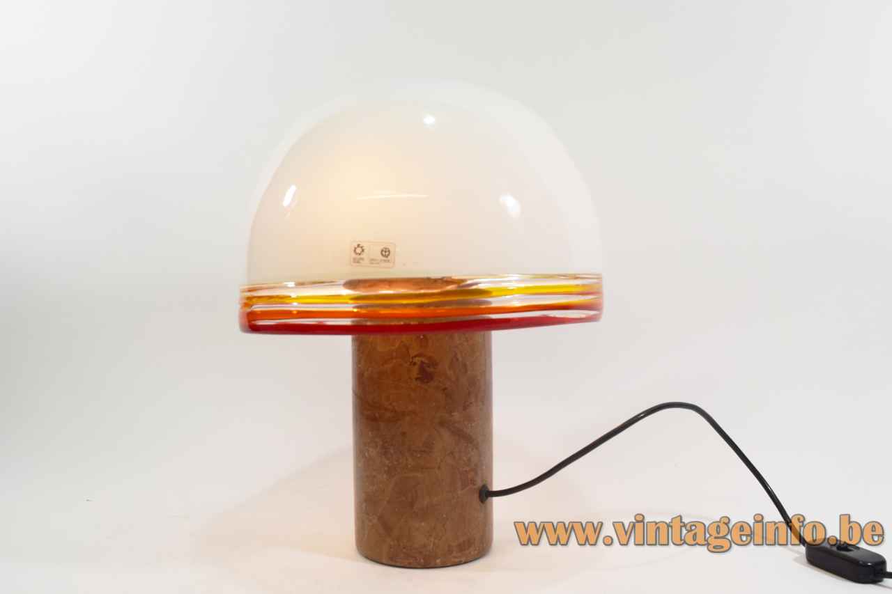 Leucos Febo table lamp Verona marble base red-orange-yellow-white mushroom lampshade 1975 design: Pamio & Toso Murano Italy