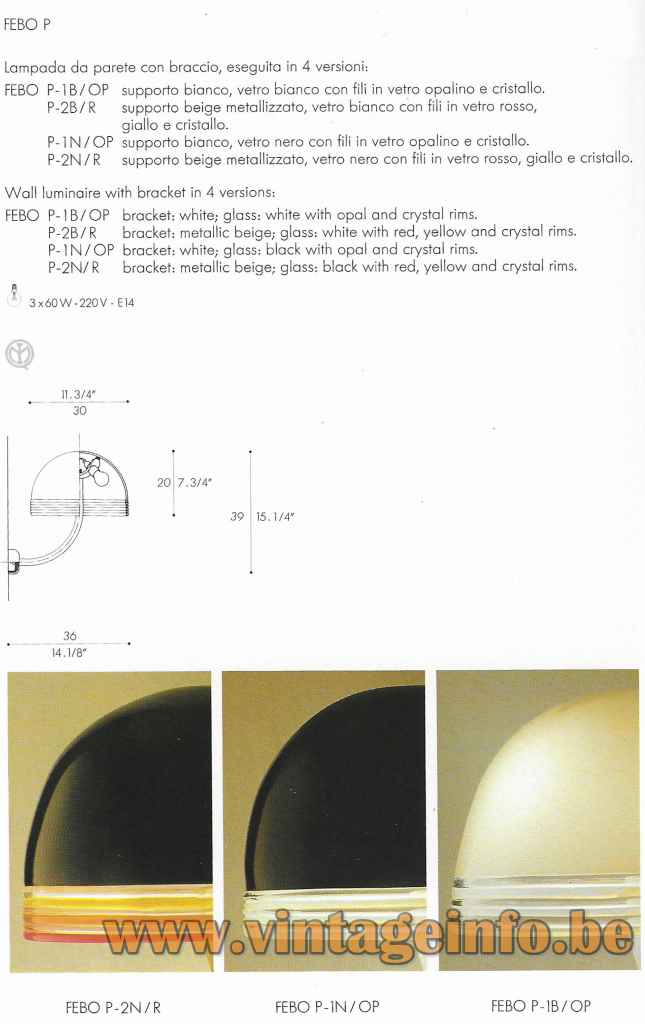 Leucos Febo Wall Lamp - 1985 Catalogue Picture - Model P - Technical Data