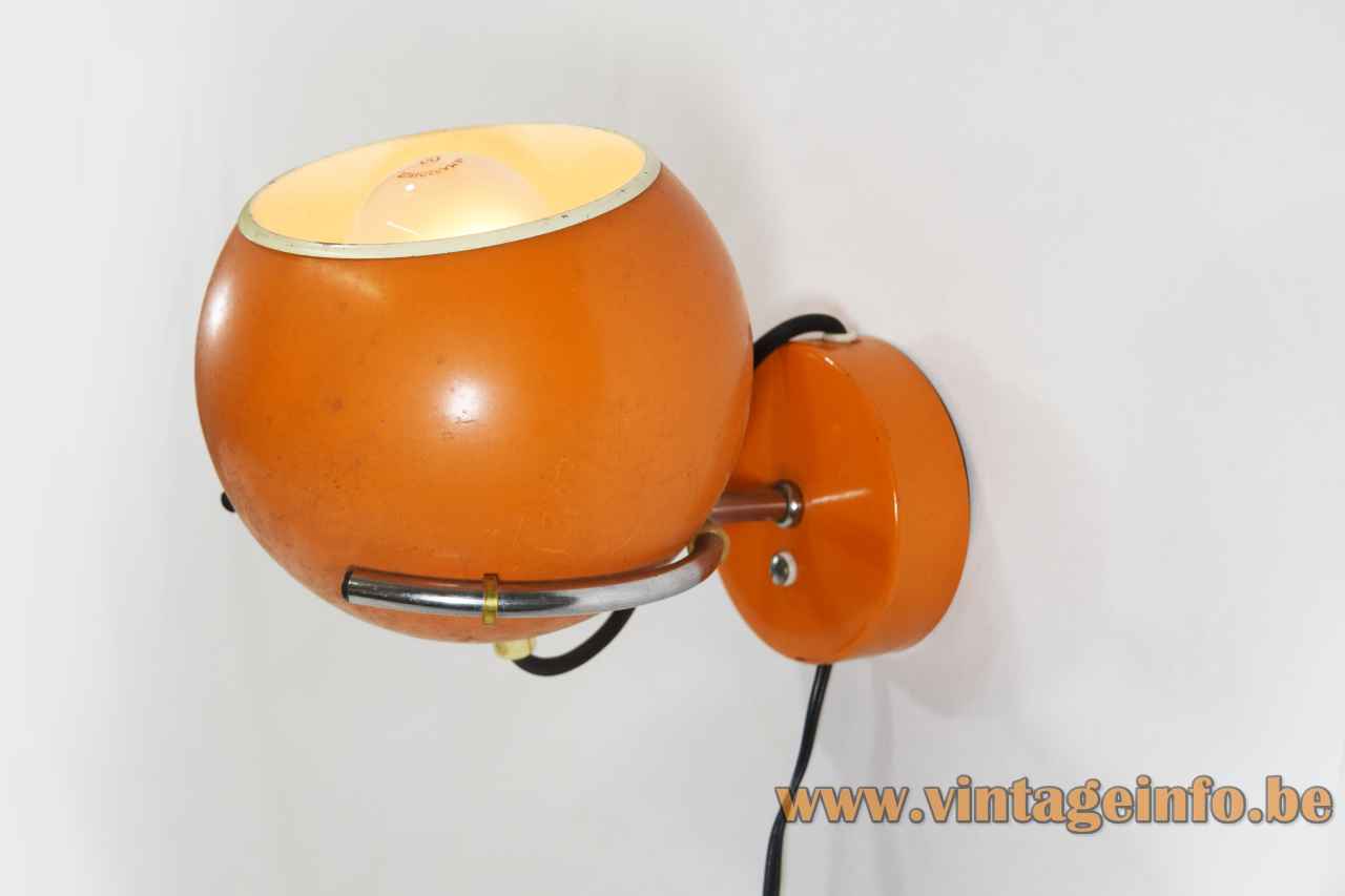 Massive globe wall lamp adjustable orange & white metal lampshade open chrome ring 1960s 1970s Belgium